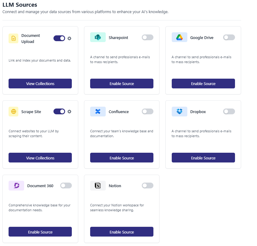 Document Agent Builder interface showing content integration